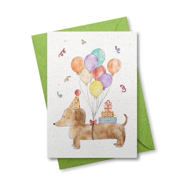 Dackel mit Ballons - Grußkarte aus Samenpapier