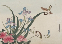 Hokusai - Irises, Peonies, Sparrows and Dragonflies